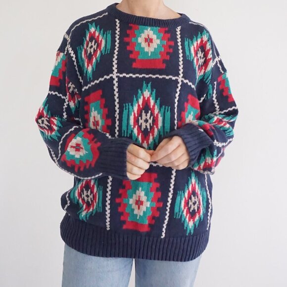 Vintage '90S Rivertrader Navy Knit Teal Red Aztec Cotton Blend  Crew Sweater L - Picture 2 of 12